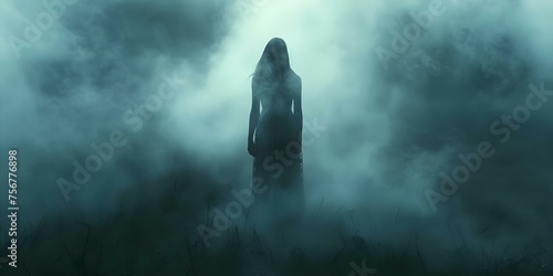 A haunting female spirit casts an eerie silhouette. Concept Fantasy, Supernatural, Ghostly, Silhouette, Dark Portrait