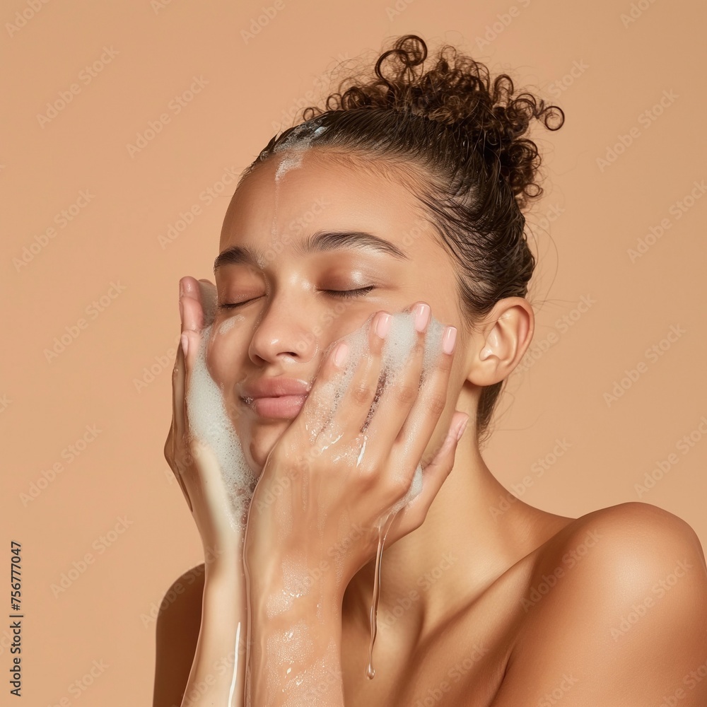 european woman washing her face with clean water. On a flat color background generative ai art european woman washing her face with clean water. On a flat color background generative ai art