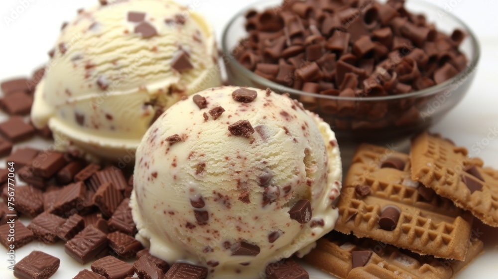 a couple of scoops of ice cream sitting on top of a pile of waffles next to a bowl of chocolate chips. a couple of scoops of ice cream sitting on top of a pile of waffles next to a bowl of chocolate chips.