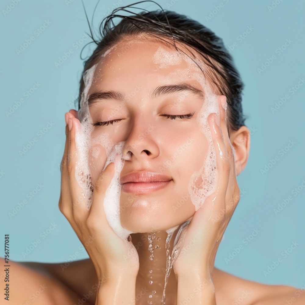 Naklejka premium european woman washing her face with clean water. On a flat color background generative ai art