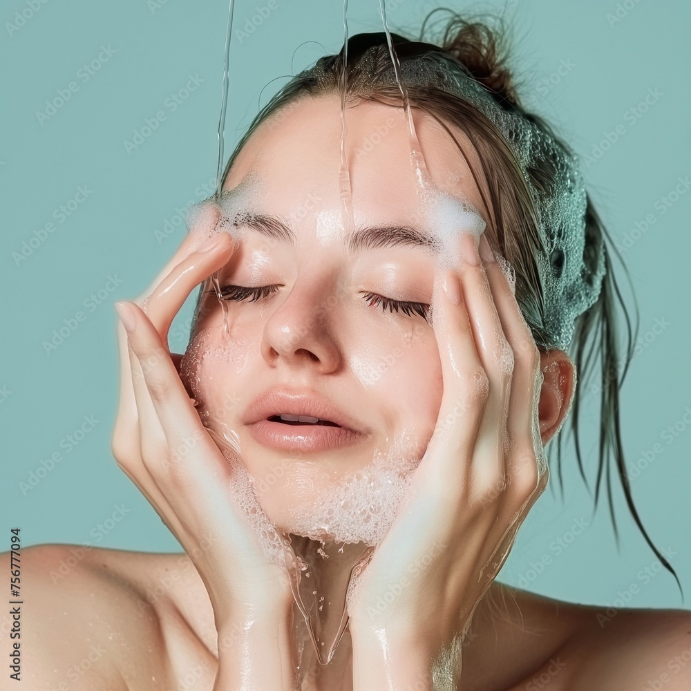 Naklejka premium european woman washing her face with clean water. On a flat color background generative ai art