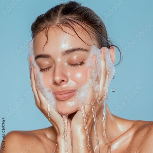 european woman washing her face with clean water. On a flat color background generative ai art