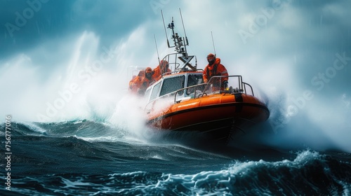 A coastguard speedboat cuts through the waves at high speed during a rescue operation, showcasing urgency and precision. AIG41 © Summit Art Creations