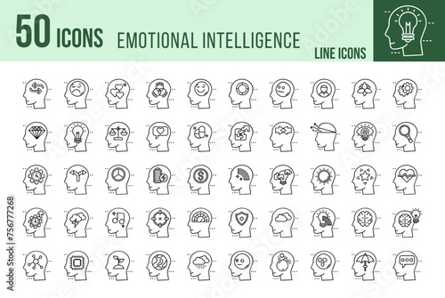 Set of 50 Emotional Intelligence line icons set. Emotional Intelligence outline icons with editable stroke collection.