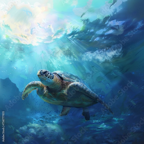 Majestic sea turtle swimming gracefully underwater, illuminated by sunbeams piercing through the ocean’s surface.