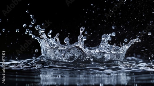 Drops, splashes of water on a black background close-up.