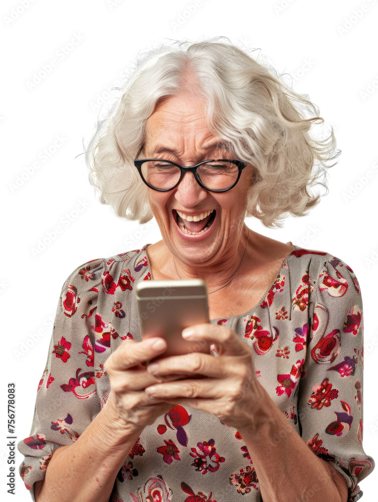 Elderly woman with surprise emotion when looking mobile phone Elderly woman with surprise emotion when looking mobile phone