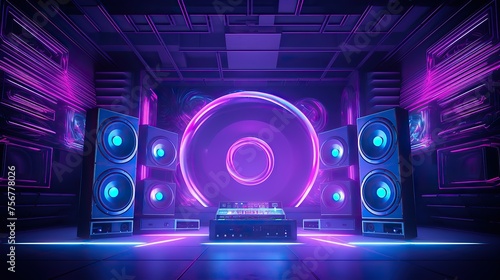 neon lights glow purple and blue in a vibrant electric music studio performance in a modern space