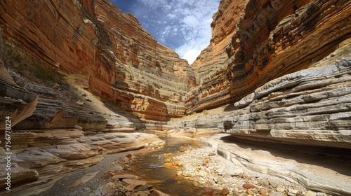 Majestic Canyons and Gorges: Photograph towering canyons or deep gorges carved by rivers over millennia, with layers of colorful rock formations and dramatic geological features. Generative AI