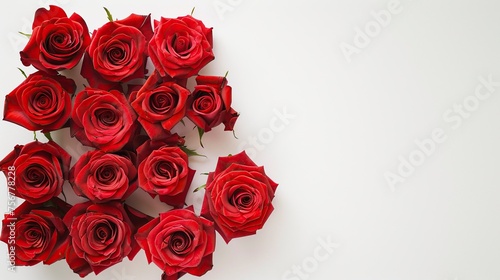 A vibrant red rose flower is captured from a top-down perspective against a pristine white background  showcasing its striking beauty and velvety petals