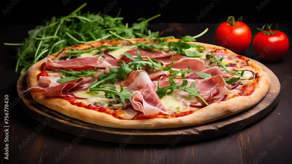 Traditional Italian pizza served on a wooden table with fresh red tomatoes