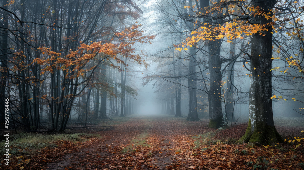 Misty Morning: Photograph the serene beauty of a forest in the early morning mist, with trees shrouded in fog and dewdrops glistening on leaves, creating an ethereal and tranquil atmosphere. 