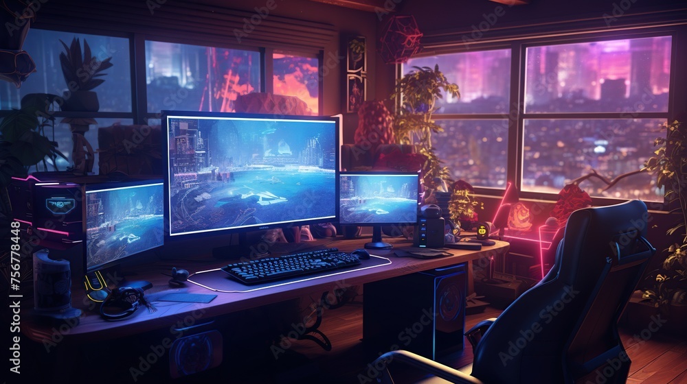 Gamer room setup with large computer screen and colorful neon lights. Gamer room setup with large computer screen and colorful neon lights.