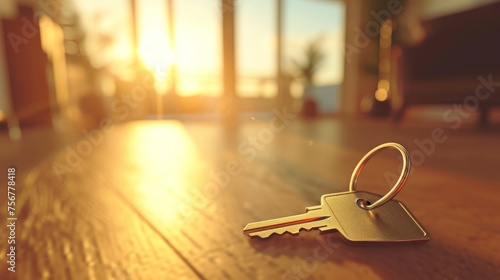 Key on the table against a blurred window backdrop. Concept of home buying, property investment, and residential realty. Banner with copy space