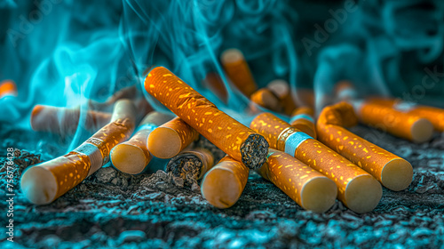 group of discarded cigarettes, some extinguished and some with smoke rising, placed on an ash-covered surface. The image emphasizes the unhealthy habit of smoking.