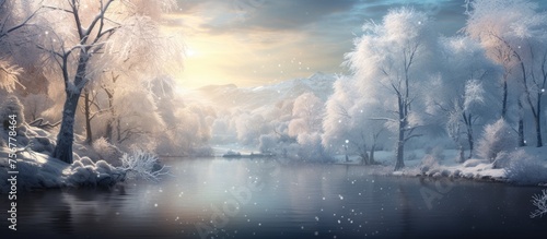 A lake surrounded by a snowy forest under a cloudy sky, creating a picturesque natural landscape. The water reflects the cumulus clouds, enhancing the serene atmosphere of this artlike landscape