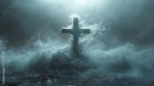 A somber and atmospheric depiction of a cross shrouded in mist, emerging from dark waters. Symbolic of hope amidst turmoil. Concept of redemption, mystery, and the steadfastness of faith. photo