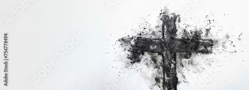 Cross silhouette created with ash scatter. Isolated on white background. Banner with copy space. Concept of faith, religious, Easter celebration, ash Wednesday, resurrection, cremation, funeral photo