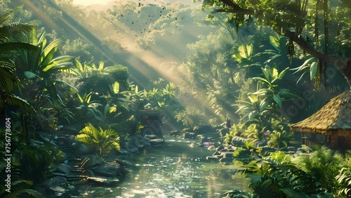 Ethereal tropical jungle ambiance with sunlight dappling through trees onto a babbling stream. Seamless Looping 4k Video Animation
 photo
