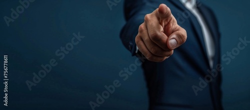 Businessman in a suit pointing a finger at you close up on hand and arm isolated over a blue background with copy space Generative AI