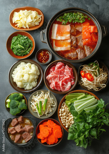 Chinese hotpot with broth, meat, vegetables in bowls, top view, traditional food, national dish, Asian cuisine, China, greens, plates, delicious