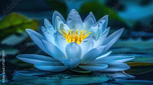 a blue waterlily with a yellow center sits in the middle of a body of water surrounded by lily pads.