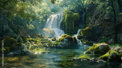 Mystical Waterfalls: Showcase a hidden waterfall nestled within a dense forest, with cascading water plunging into a crystal-clear pool surrounded by moss-covered rocks and verdant greenery.