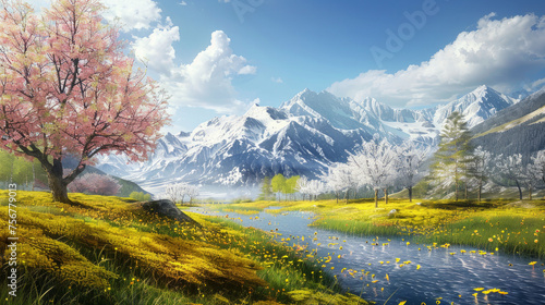 Nature's Beauty: A serene image of seasonal landscapes such as cherry blossoms in spring, sunflower fields in summer, golden foliage in autumn, or snow-capped mountains in winter. Generative AI