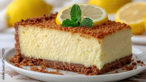 a close up of a slice of cheesecake on a plate with a slice of lemon on top of it.
