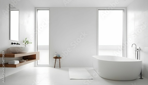 Bright bathroom interior with white tones wall vanity with wooden white sink and mirror  white bathtub  panoramic windows created with generative ai