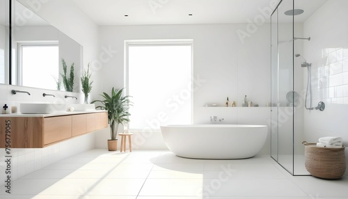 Bright bathroom interior with white tones wall vanity with wooden white sink and mirror  white bathtub  panoramic windows created with generative ai