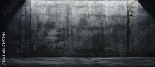 A dimly lit room with a wooden floor, concrete walls, and a spotlight casting shadows creating monochrome shades. The landscape captures the essence of darkness with a grey sky outside