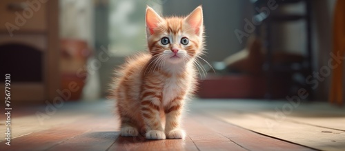 A domestic shorthaired cat, a small to mediumsized carnivorous mammal of the Felidae family, with fawn fur, whiskers, and a snout, is standing on a wooden floor and looking at the camera