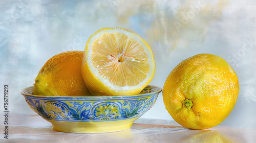 a painting of a bowl of lemons with one cut in half and a whole lemon in the middle of the bowl. photo