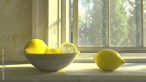a bowl of lemons and a bowl of lemons sit in front of a window on a sunny day.