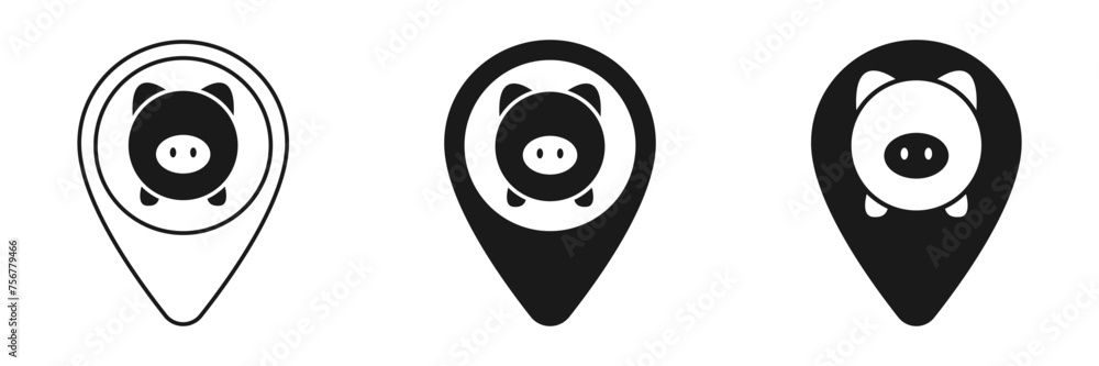 Pig mark icon on map. Set of illustrations Pig mark icon on map. Set of illustrations