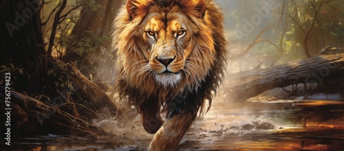 A beautiful painting depicting a Felidae carnivore, the Siberian tiger, running through a lush forest with Big cats, whiskers, and a fawn in the background, showcasing the harmony of nature