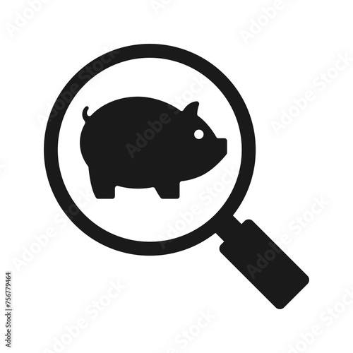 Pig icon in a magnifying glass. Vector illustration