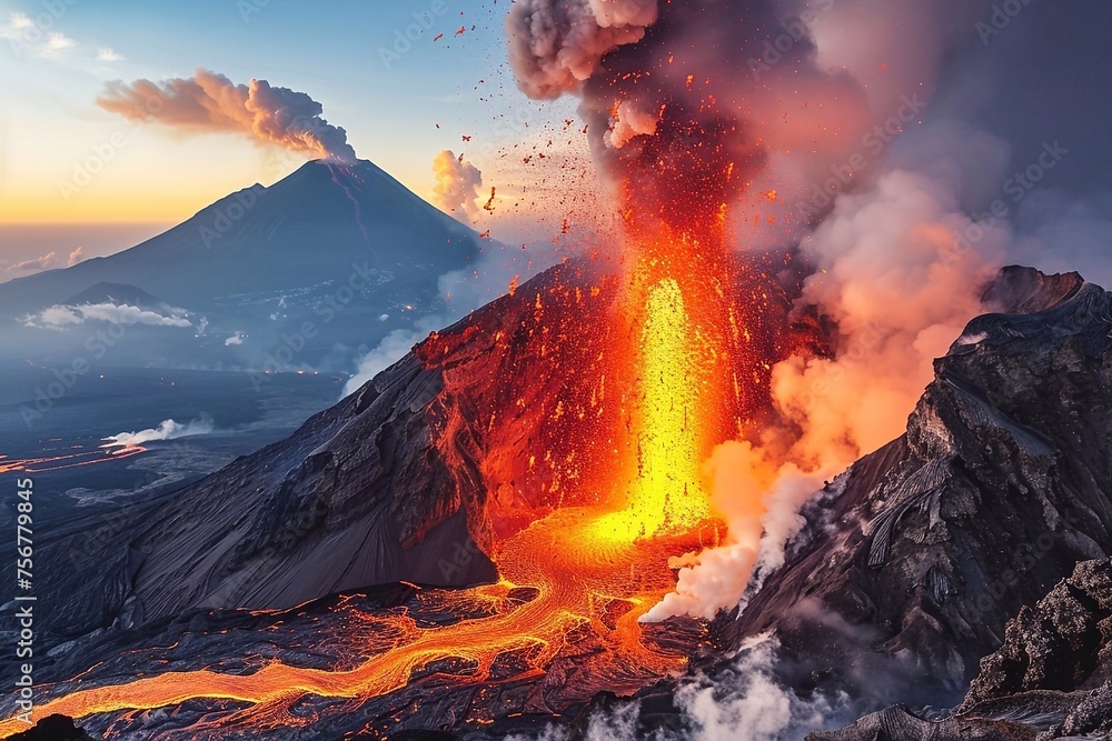 Volcano eruption at sunrise. Landscape with active volcano.