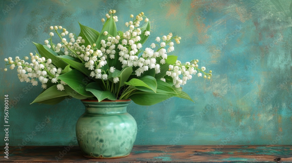 a green vase filled with white flowers on top of a wooden table in front of a blue wall with a painting behind it. a green vase filled with white flowers on top of a wooden table in front of a blue wall with a painting behind it.