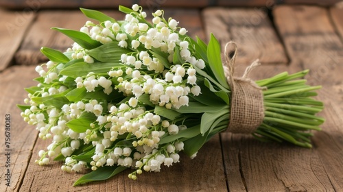 a bouquet of lily of the valley flowers on a wooden table with a burlock of burlock. photo