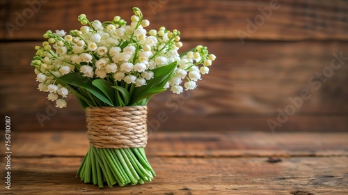 a bouquet of white flowers in a rope wrapped vase on a wooden table with a wood plank wall in the background. photo