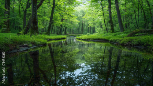 Reflections in Water: Photograph a serene forest scene mirrored in the still waters of a tranquil stream or river, with lush green trees reflected perfectly in the water's surface. Generative AI