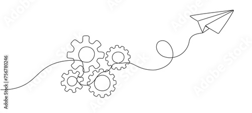 Gears with paper airplane one continuous editable line. Concept of learning, business, teamwork and traveling. Vector illustration.