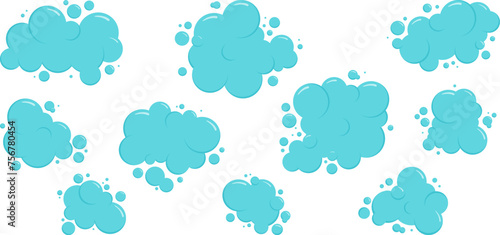 Cartoon blue cloud, foam bubble water icon, soap ball set, bath shampoo suds splash. Wash, laundry, clean underwater collection. Soda, carbonated fun vector illustration