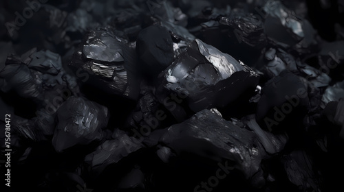 Natural black coal in dark low light, symbolizing industrial strength and energy © xuan