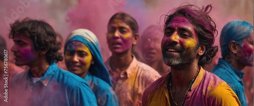 A group of happy people of different ages and different races celebrating Holi.