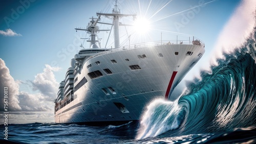 A large white ship sails on the sea during a storm.Waves above the surface of the water. The concept of natural elements, human resilience in the face of danger. The strength and power of nature