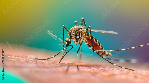 Wallpaper Mural Close-up of a mosquito feeding on human skin, with a colorful blurred background. Torontodigital.ca