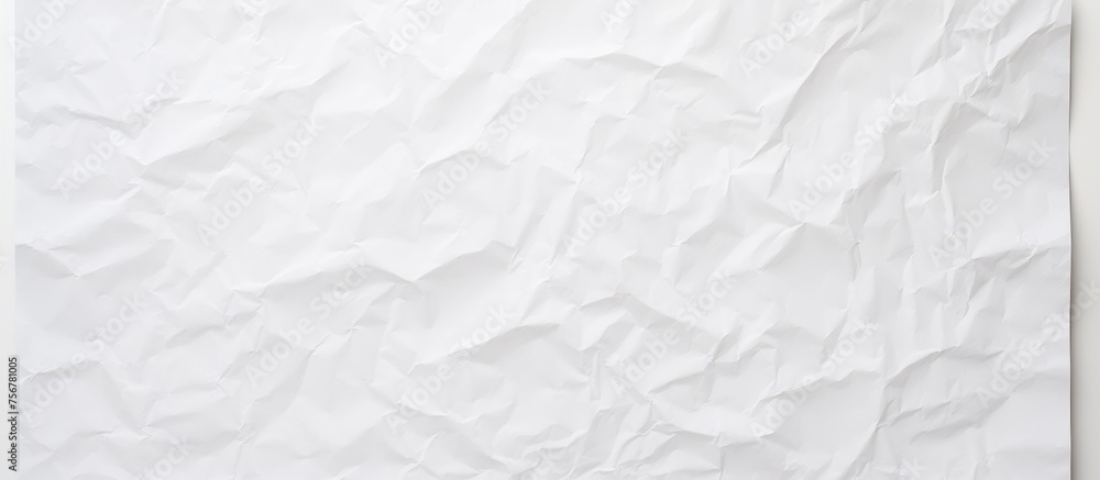 Fototapeta premium A closeup of a crumpled white paper resembling the texture of a snowy bedsheet with a subtle pattern, placed on wooden flooring